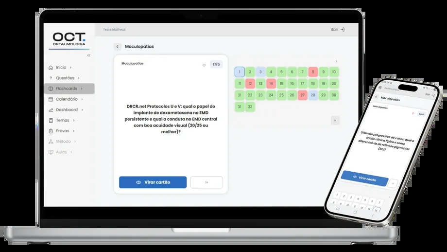 A plataforma no notebook e no celular, num flashcard de maculopatias, com a grade de cards já revisados ao lado