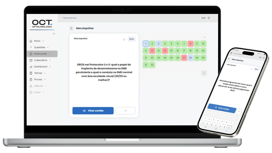 A plataforma no notebook e no celular, num flashcard de maculopatias, com a grade de cards já revisados ao lado
