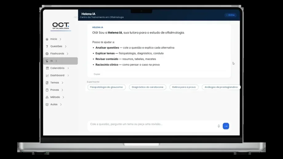 A Helena aberta dentro da plataforma, com sugestões de temas de oftalmologia