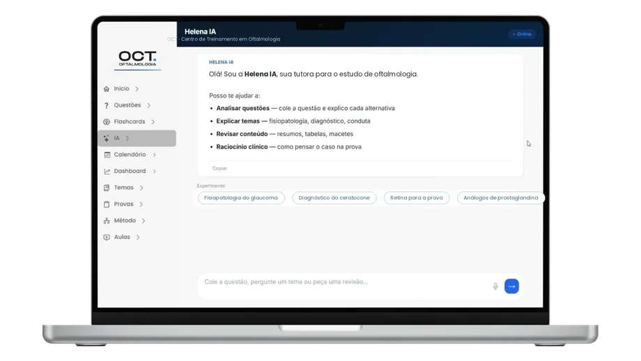 A Helena aberta dentro da plataforma, com sugestões de temas de oftalmologia